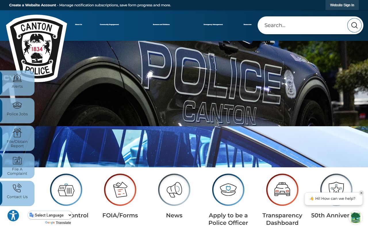 Canton Township Police Department website showing booking releases and records information