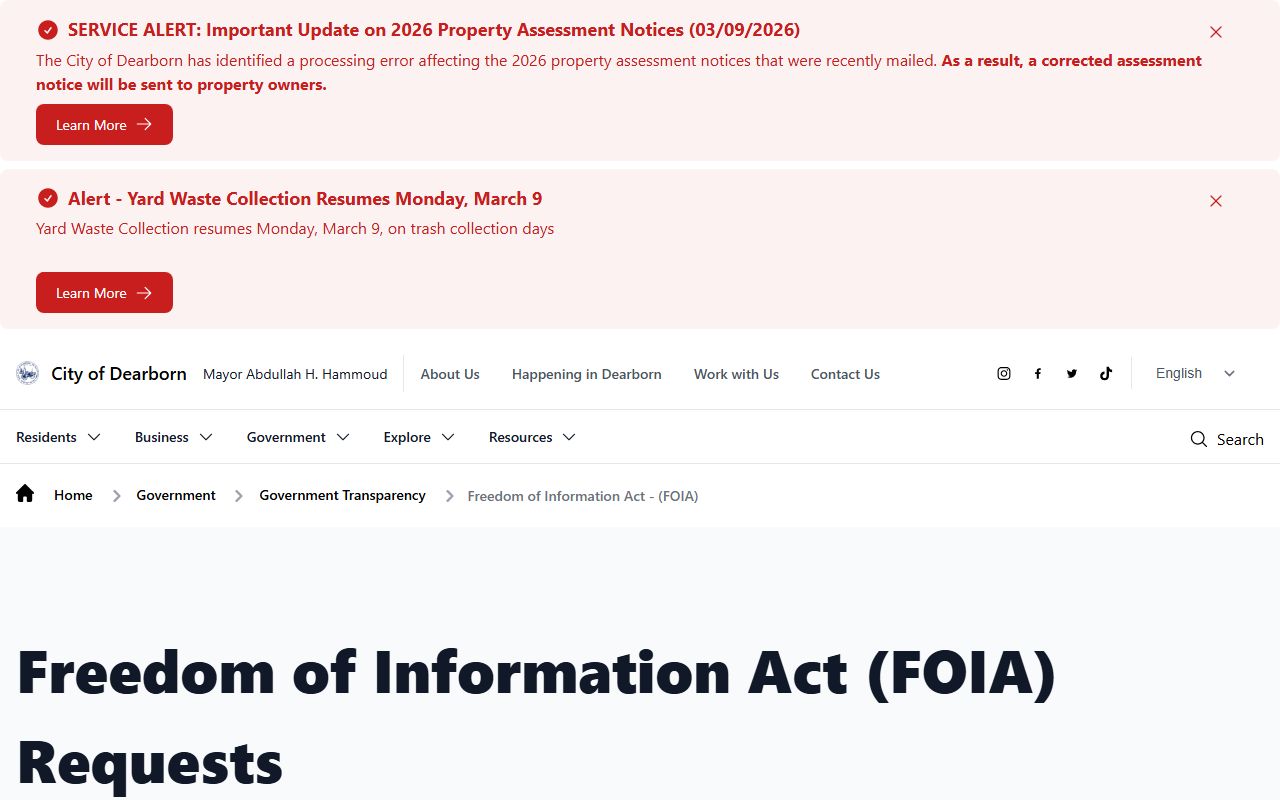 Dearborn Michigan FOIA page for requesting police booking releases