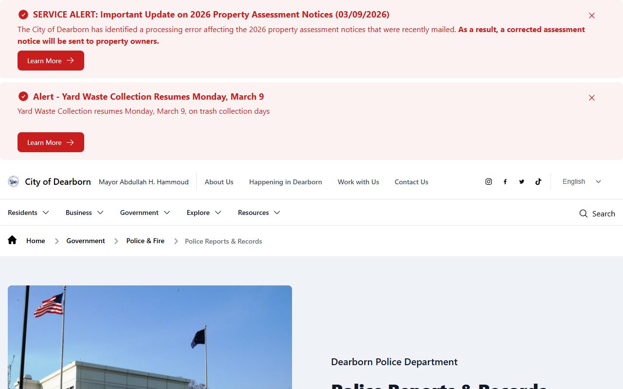 Dearborn Police Department records page for booking releases and arrest reports