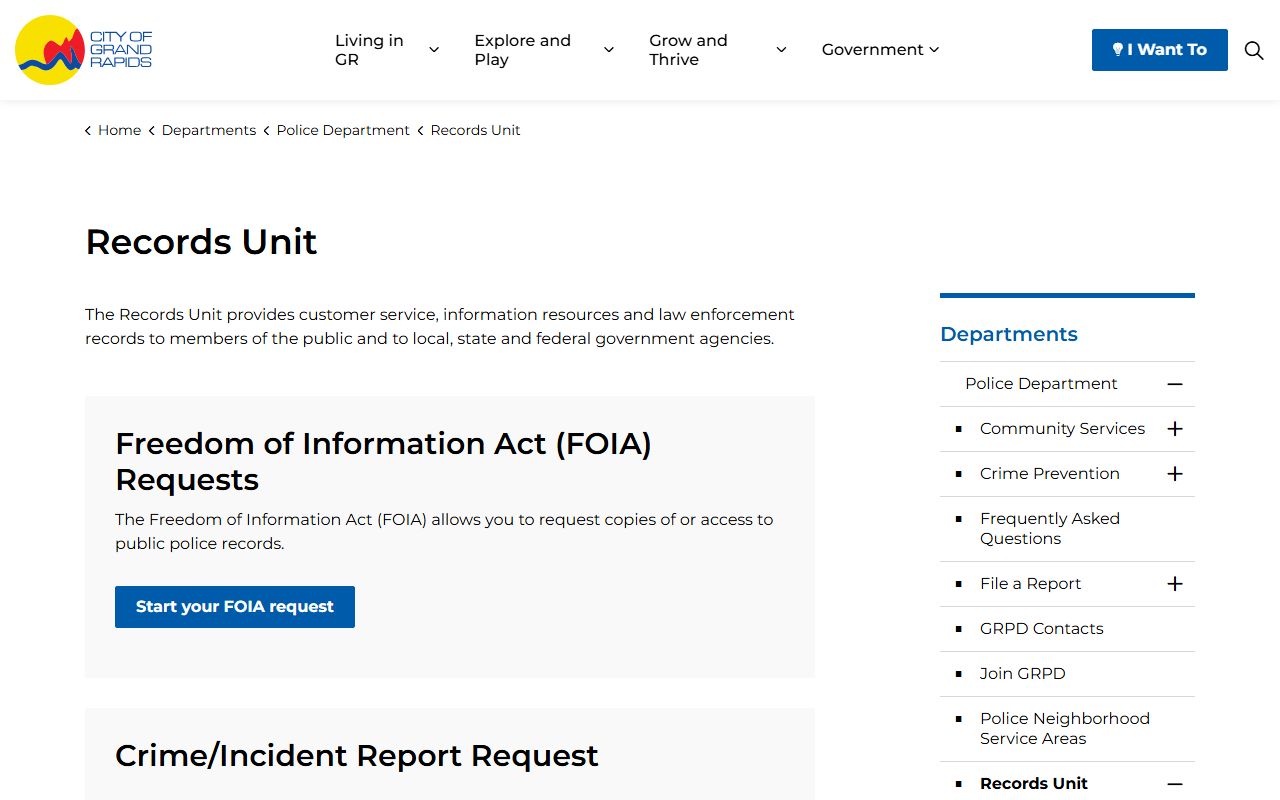 Grand Rapids Police Department Records Unit page for booking releases