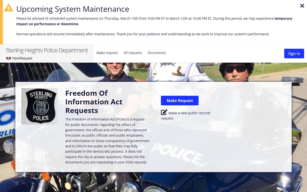 Sterling Heights Police FOIA online portal for requesting booking and arrest records