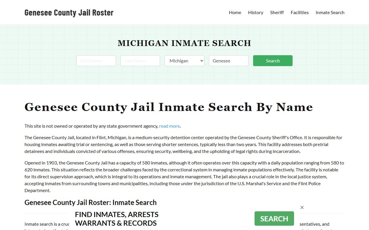 Genesee County Jail website showing booking releases and inmate search portal in Flint