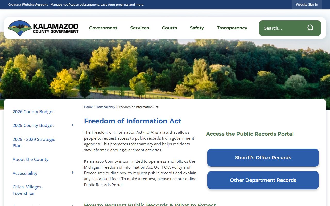 Kalamazoo County FOIA page for requesting booking releases and public records