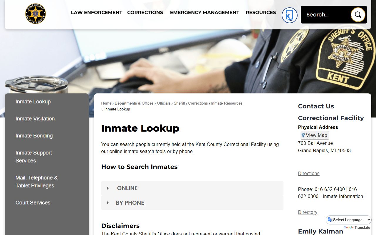 Kent County Sheriff inmate lookup portal for searching booking releases