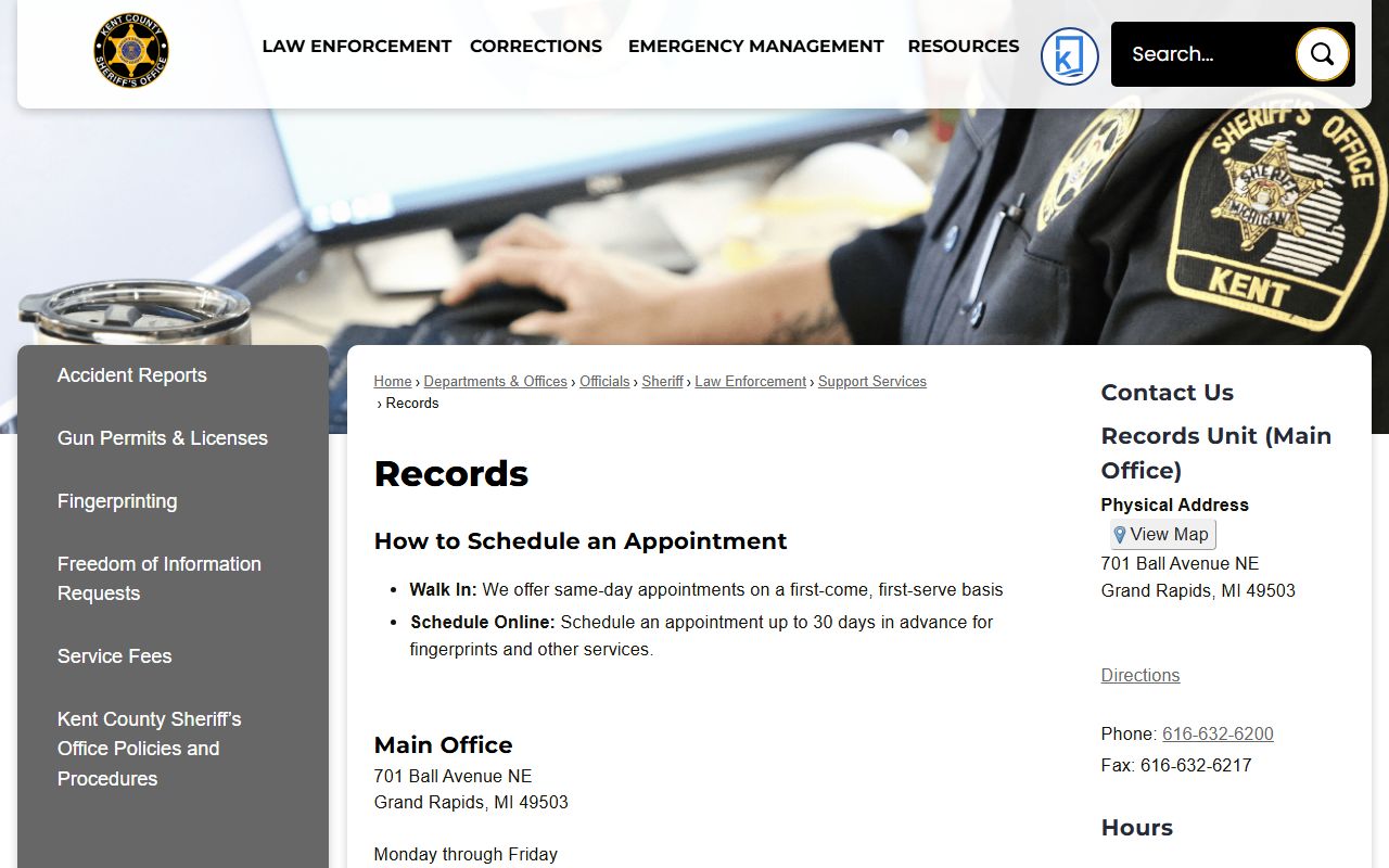 Kent County Sheriff Records Request page for FOIA and booking releases documents