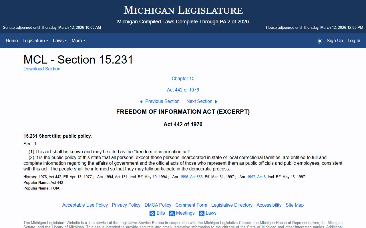 Michigan FOIA statute page for booking and arrest records