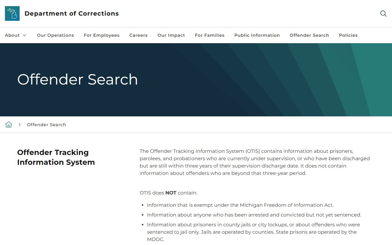 Michigan MDOC offender search page for booking releases