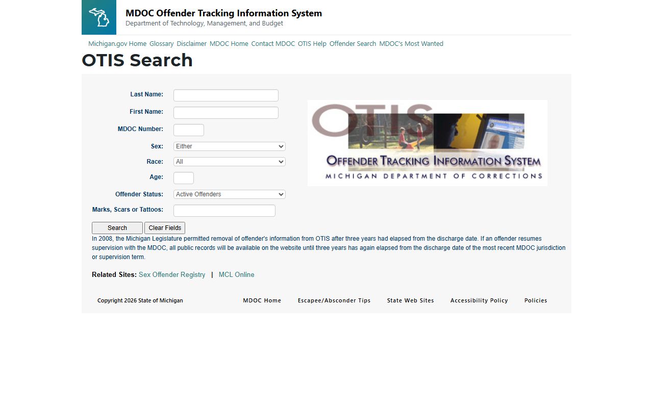 Michigan OTIS inmate search page for booking releases